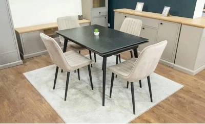 Set Masă Living Extensibilă DTM0101 Blat Ceramic Gri cu 4 Scaune Tapițate KJC176 Bej