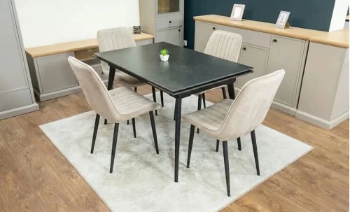 Set Masă Living Extensibilă DTM0101 Blat Ceramic Gri cu 4 Scaune Tapițate KJC176 Bej