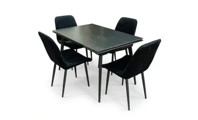 Set Masă Living Extensibilă DTM0101 Blat Ceramic Gri cu 4 Scaune Tapițate KJC176 Negre
