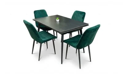 Set Masă Living Extensibilă DTM0101 Blat Ceramic Gri cu 4 Scaune Tapițate KJC176 Verzi