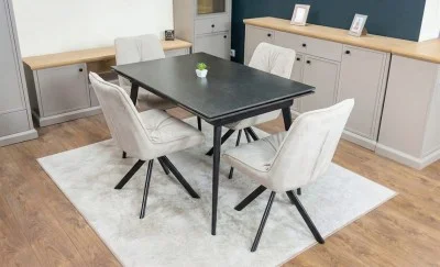 Set Masă Living Extensibilă DTM0101 Blat Ceramic Gri cu 4 Scaune Rotative KJC356 Bej