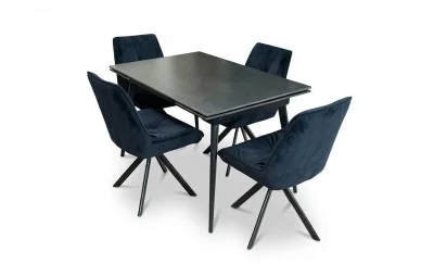 Set Masă Living Extensibilă DTM0101 Blat Ceramic Gri cu 4 Scaune Rotative KJC356 Negre