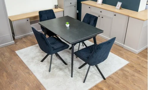 Set Masă Living Extensibilă DTM0101 Blat Ceramic Gri cu 4 Scaune Rotative KJC356 Negre