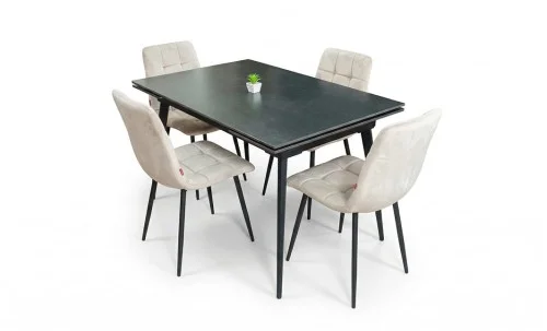 Set Masă Living Extensibilă DTM0101 Blat Ceramic Gri cu 4 Scaune Tapițate KJC37 Bej