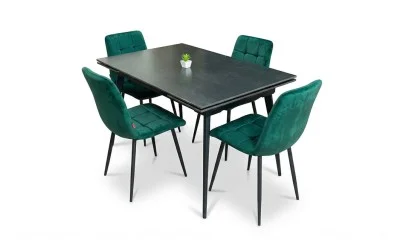 Set Masă Living Extensibilă DTM0101 Blat Ceramic Gri cu 4 Scaune Tapițate KJC37 Verzi