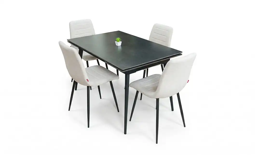 Set Masă Living Extensibilă DTM0101 Blat Ceramic Gri cu 4 Scaune Tapițate KJC5341 Bej 1