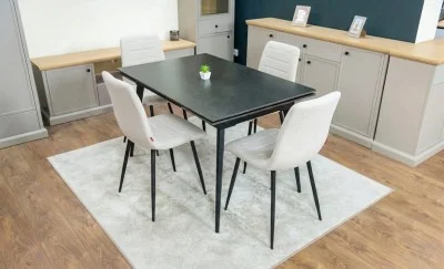 Set Masă Living Extensibilă DTM0101 Blat Ceramic Gri cu 4 Scaune Tapițate KJC5341 Bej