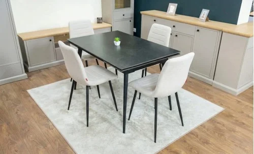 Set Masă Living Extensibilă DTM0101 Blat Ceramic Gri cu 4 Scaune Tapițate KJC5341 Bej