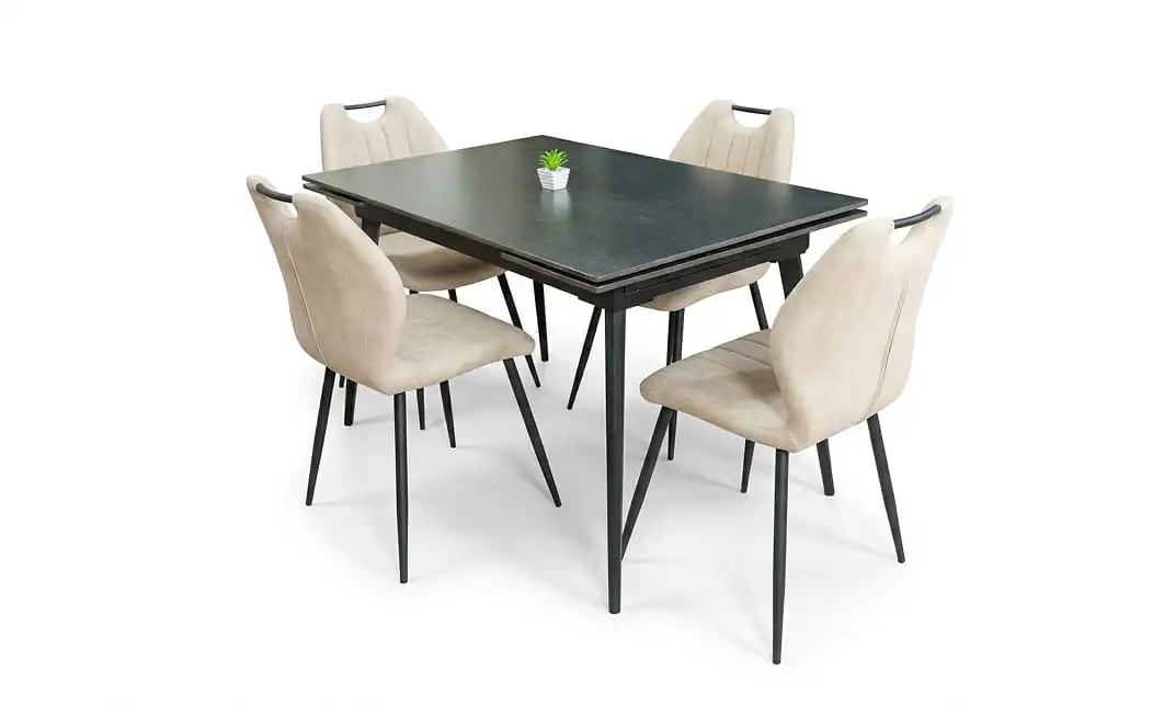 Set Masă Living Extensibilă DTM0101 Blat Ceramic Gri cu 4 Scaune Tapițate MC06 Bej 1