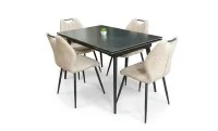 Set Masă Living Extensibilă DTM0101 Blat Ceramic Gri cu 4 Scaune Tapițate MC06 Bej