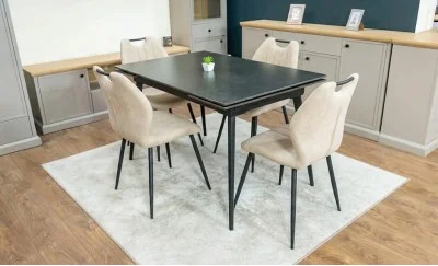 Set Masă Living Extensibilă DTM0101 Blat Ceramic Gri cu 4 Scaune Tapițate MC06 Bej