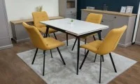 Set Masă Living Extensibilă DTM0101CS Bej cu 4 Scaune Tapițate DCM1801CF Muștar