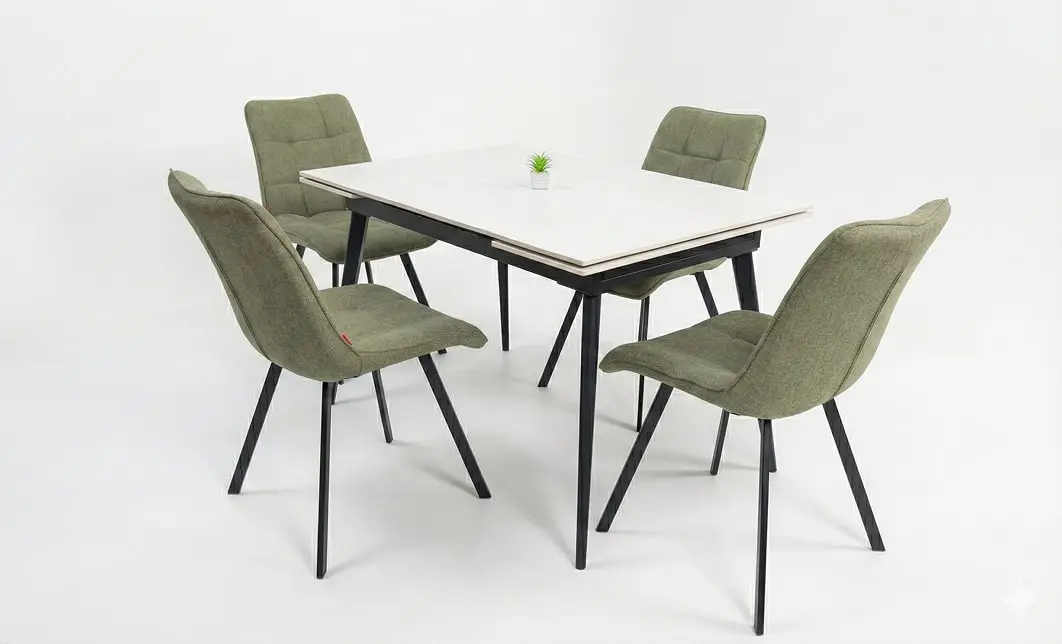 Set Masă Living Extensibilă DTM0101CS Bej cu 4 Scaune Tapițate DCM1801CF Verzi 2