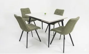Set Masă Living Extensibilă DTM0101CS Bej cu 4 Scaune Tapițate DCM1801CF Verzi