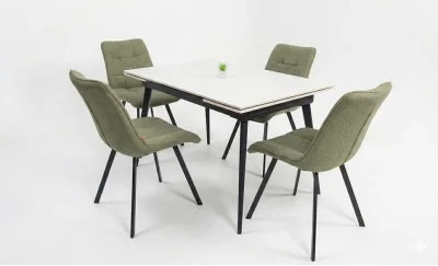 Set Masă Living Extensibilă DTM0101CS Bej cu 4 Scaune Tapițate DCM1801CF Verzi