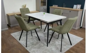 Set Masă Living Extensibilă DTM0101CS Bej cu 4 Scaune Tapițate DCM1801CF Verzi