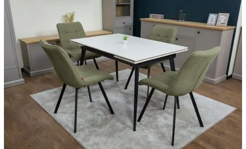 Set Masă Living Extensibilă DTM0101CS Bej cu 4 Scaune Tapițate DCM1801CF Verzi