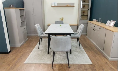 Set Masă Living Extensibilă KJT4711-1 Alb cu 4 Scaune KJC0357 Gri