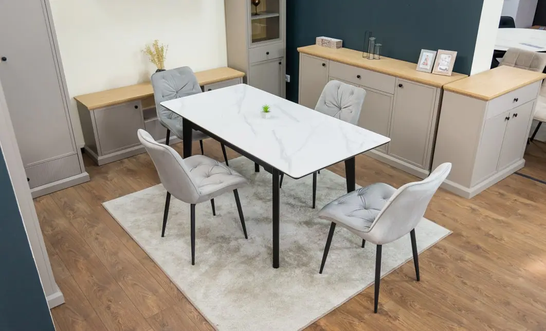Set Masă Living Extensibilă KJT4711-1 Alb cu 4 Scaune KJC0357 Gri