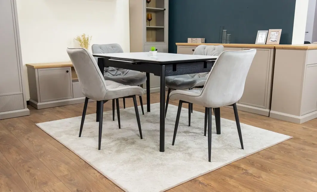 Set Masă Living Extensibilă KJT4711-1 Alb cu 4 Scaune KJC0357 Gri