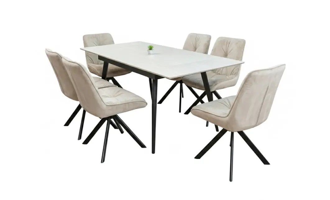 Set Masă Living Extensibilă DTM0101CS Bej cu 6 Scaune Tapițate KJC356 Bej 2