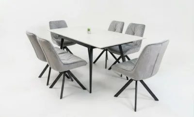 Set Masă Living Extensibilă DTM0101CS Bej cu 6 Scaune Tapițate KJC356 Gri