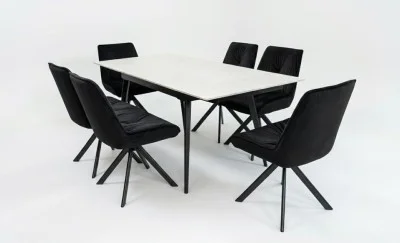 Set Masă Living Extensibilă DTM0101CS Bej cu 6 Scaune Tapițate KJC356 Negre