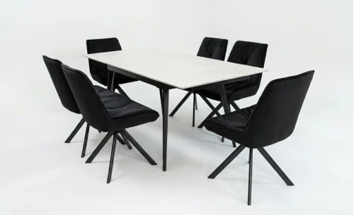 Set Masă Living Extensibilă DTM0101CS Bej cu 6 Scaune Tapițate KJC356 Negre