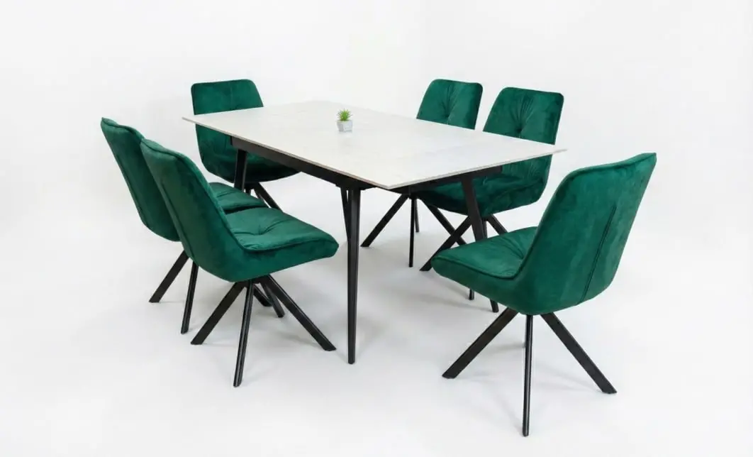 Set Masă Living Extensibilă DTM0101CS Bej cu 6 Scaune Tapițate KJC356 Verzi 2