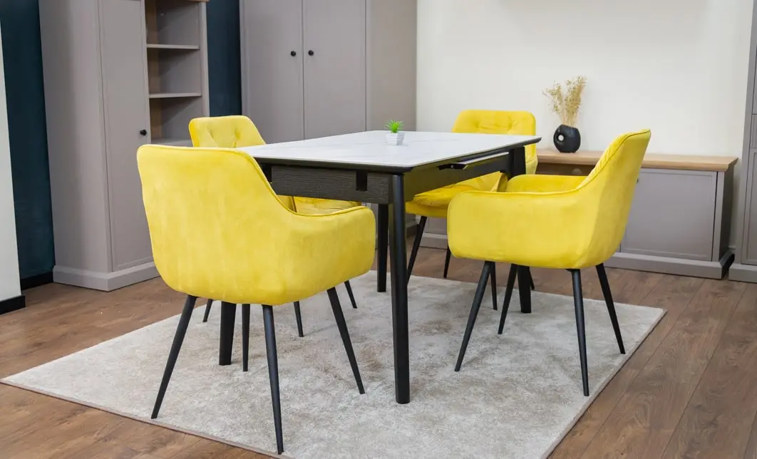 Set Masă Living Extensibilă KJT4711-1 Alb cu 4 Scaune Tapițate KJC38 Galbene 7
