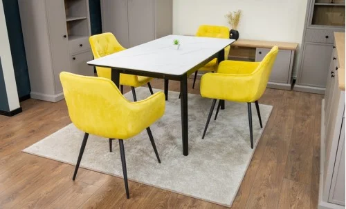 Set Masă Living Extensibilă KJT4711-1 Alb cu 4 Scaune Tapițate KJC38 Galbene