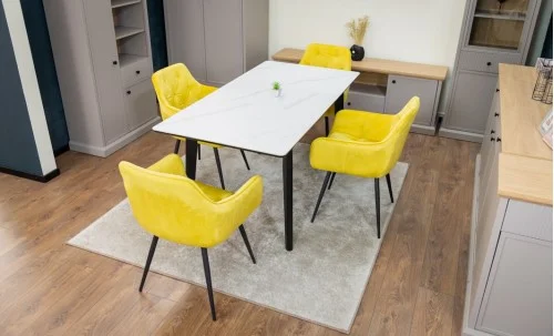 Set Masă Living Extensibilă KJT4711-1 Alb cu 4 Scaune Tapițate KJC38 Galbene