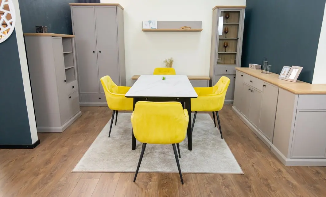 Set Masă Living Extensibilă KJT4711-1 Alb cu 4 Scaune Tapițate KJC38 Galbene 3