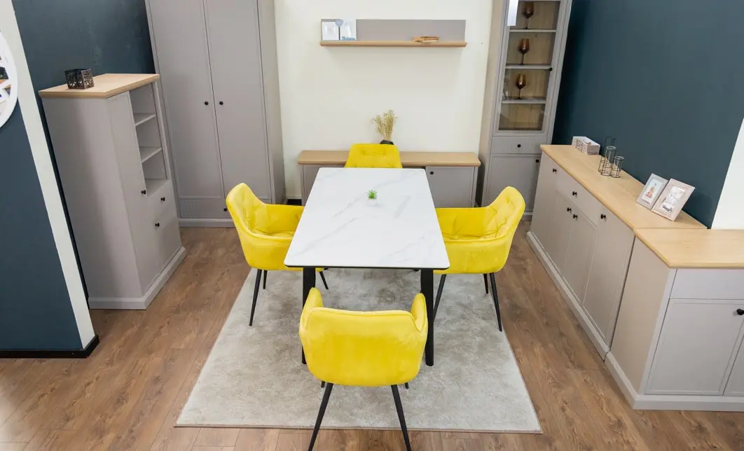 Set Masă Living Extensibilă KJT4711-1 Alb cu 4 Scaune Tapițate KJC38 Galbene 8