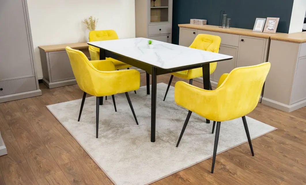 Set Masă Living Extensibilă KJT4711-1 Alb cu 4 Scaune Tapițate KJC38 Galbene