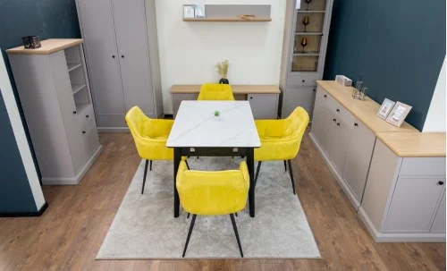 Set Masă Living Extensibilă KJT4711-1 Alb cu 4 Scaune Tapițate KJC38 Galbene