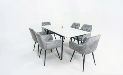 Set Masă Living Extensibilă DTM0101CS Bej cu 6 Scaune Tapițate KJC38 Gri