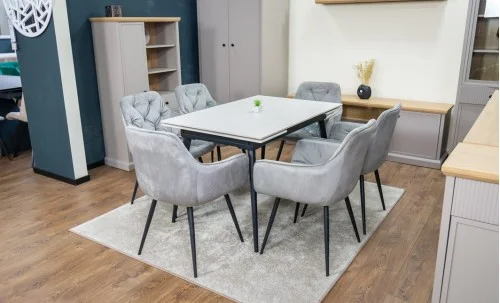 Set Masă Living Extensibilă DTM0101CS Bej cu 6 Scaune Tapițate KJC38 Gri