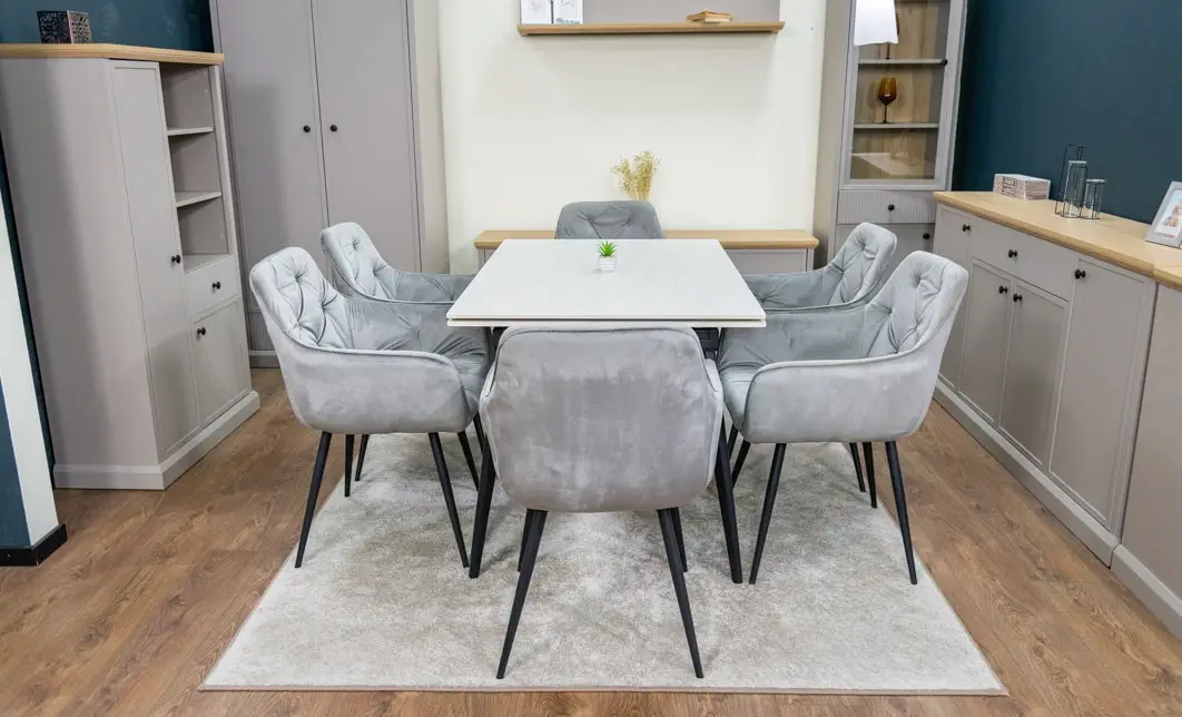Set Masă Living Extensibilă DTM0101CS Bej cu 6 Scaune Tapițate KJC38 Gri