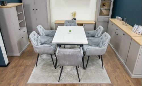 Set Masă Living Extensibilă DTM0101CS Bej cu 6 Scaune Tapițate KJC38 Gri