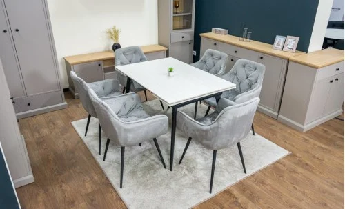 Set Masă Living Extensibilă DTM0101CS Bej cu 6 Scaune Tapițate KJC38 Gri