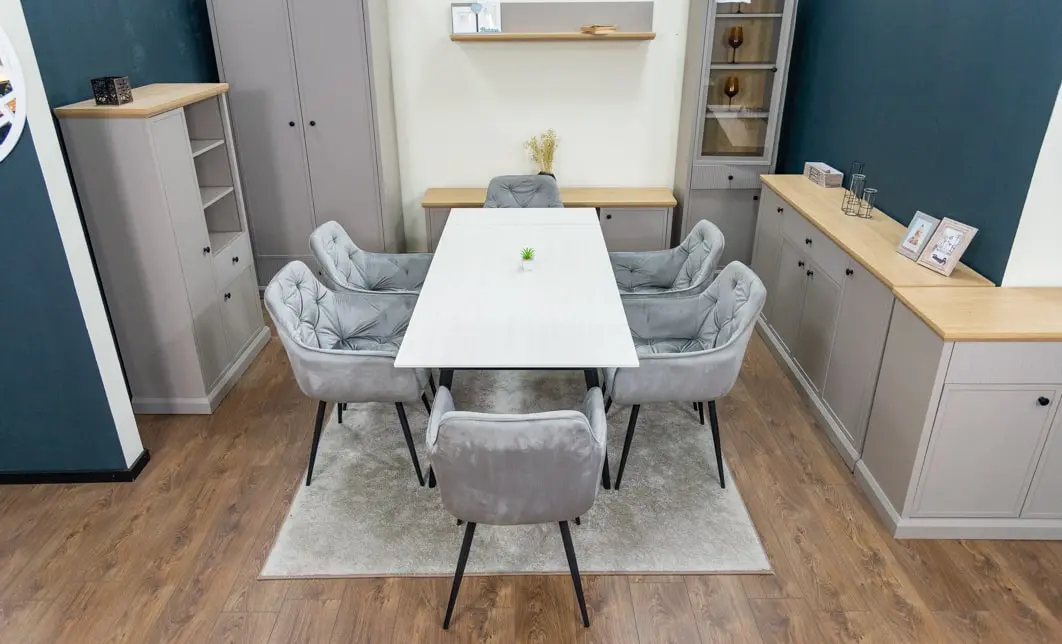 Set Masă Living Extensibilă DTM0101CS Bej cu 6 Scaune Tapițate KJC38 Gri 4