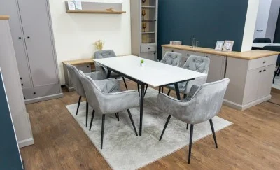 Set Masă Living Extensibilă DTM0101CS Bej cu 6 Scaune Tapițate KJC38 Gri