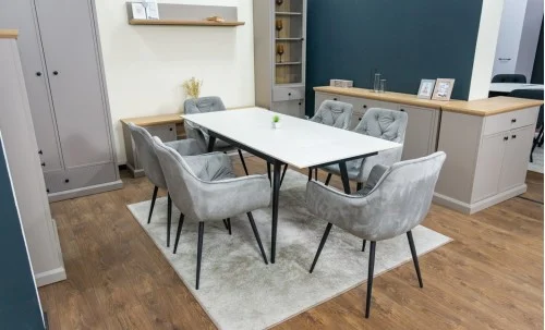 Set Masă Living Extensibilă DTM0101CS Bej cu 6 Scaune Tapițate KJC38 Gri