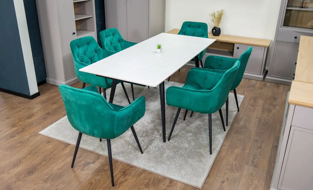 Set Masă Living Extensibilă DTM0101CS Bej cu 6 Scaune Tapițate KJC38 Verzi 10