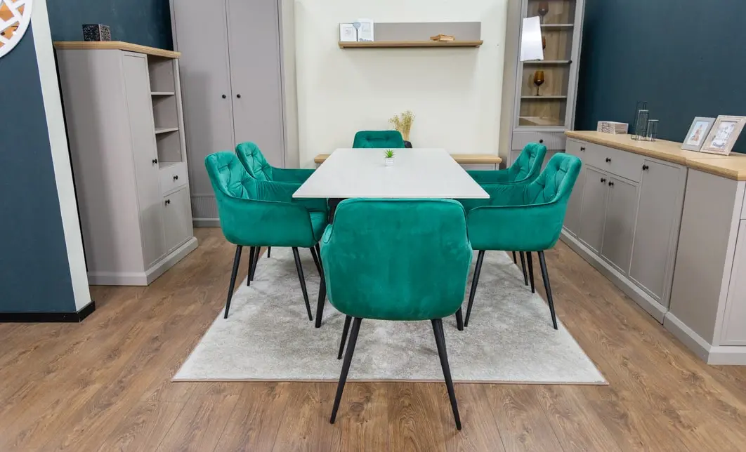 Set Masă Living Extensibilă DTM0101CS Bej cu 6 Scaune Tapițate KJC38 Verzi 9