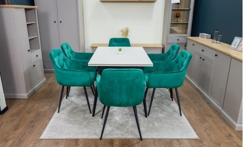 Set Masă Living Extensibilă DTM0101CS Bej cu 6 Scaune Tapițate KJC38 Verzi