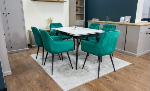 Set Masă Living Extensibilă DTM0101CS Bej cu 6 Scaune Tapițate KJC38 Verzi