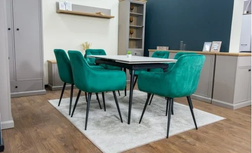 Set Masă Living Extensibilă DTM0101CS Bej cu 6 Scaune Tapițate KJC38 Verzi