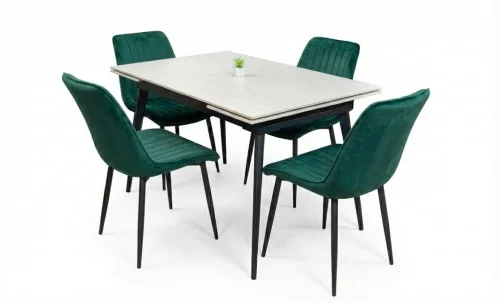 Set Masă Living Extensibilă DTM0101CS Bej cu 4 Scaune Tapițate KJC176 Verzi